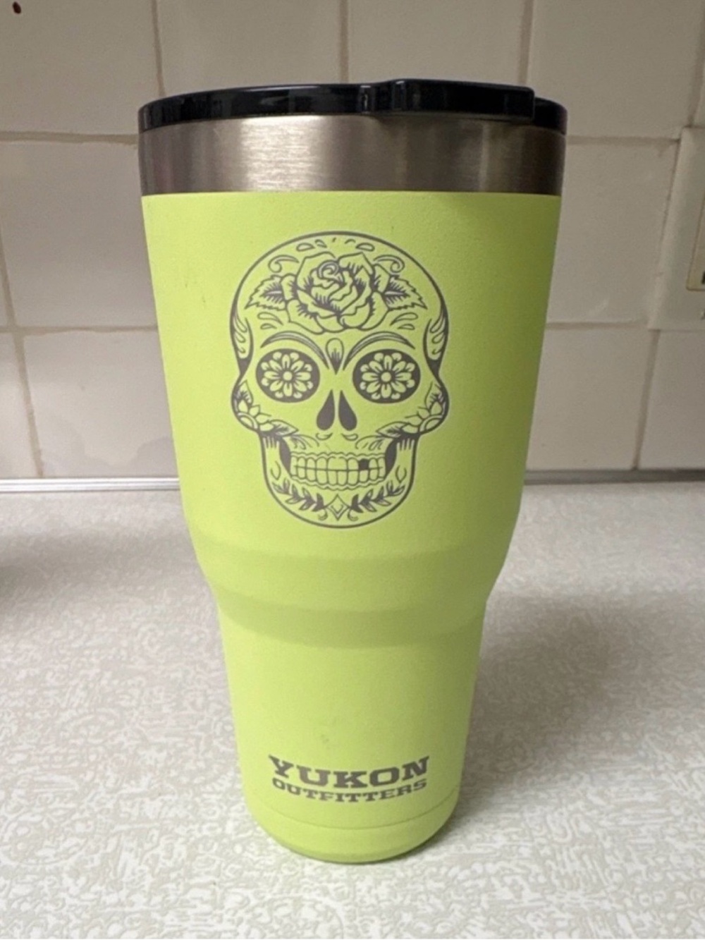 Lime Green Sugar Skull Travel Tumbler